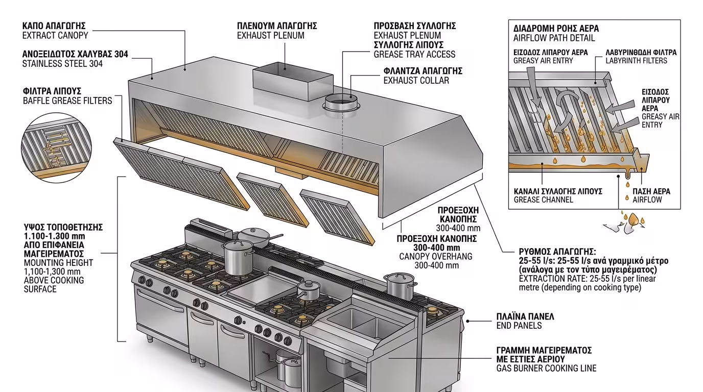 Φίλτρα λίπους baffle - ανοξείδωτη φούσκα, εστία, τύποι εξαερισμού κουζίνας