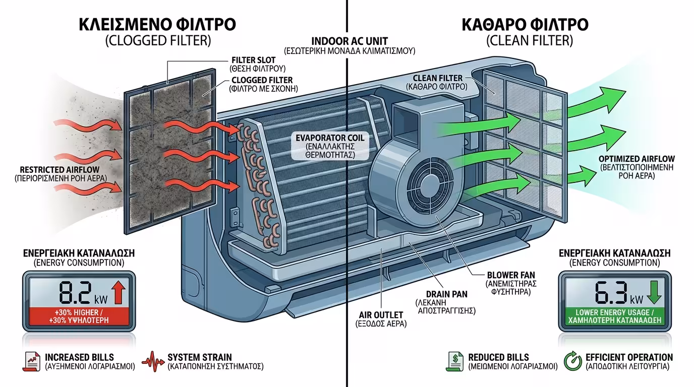 Βρώμικα φίλτρα κλιματιστικού – σκόνη, μπούκωμα, αυξημένη κατανάλωση ρεύματος