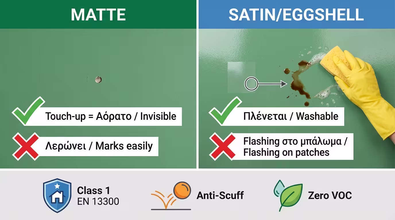 Infographic: Ματ (touch-ups, κρύβει ατέλειες) vs Σατινέ/Eggshell (πλύσιμο, αντοχή) + Class 1, Anti-Scuff, Zero VOC