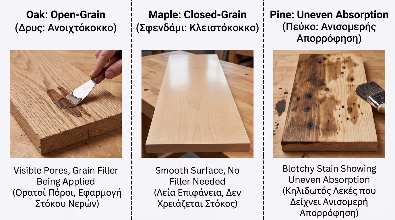 Ινφογκράφικ: Δρυς (open-grain) + grain filler = λείο. Σφενδάμι (closed-grain) = λείο χωρίς filler. Πεύκο + stain = blotchiness κηλίδες (ελληνικά και αγγλικά)