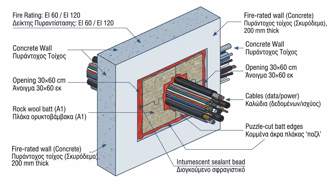 Fire batts: πάνελ πετροβάμβακα κομμένα σαν παζλ γύρω από τα καλώδια