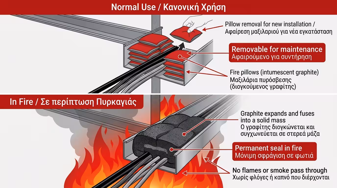 Πυράντοχα μαξιλαράκια (fire pillows) στοιβαγμένα σε τρύπα καλωδίων