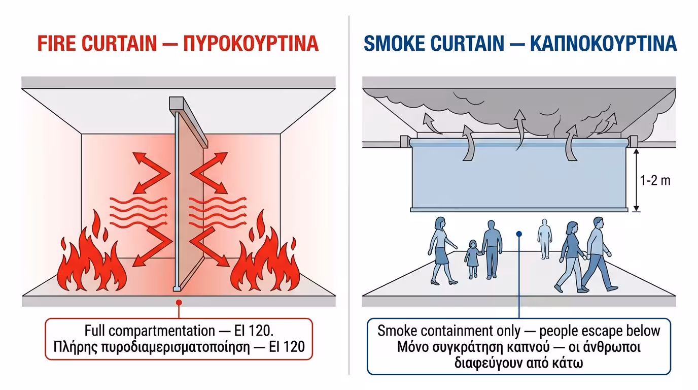 Κουρτίνα φωτιάς: μέχρι πάτωμα - κουρτίνα καπνού: μόνο 1-2 μέτρα