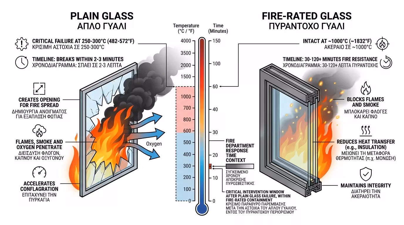 Πυράντοχο τζάμι σε πυροφραγμό - προστασία από φλόγες και καπνό