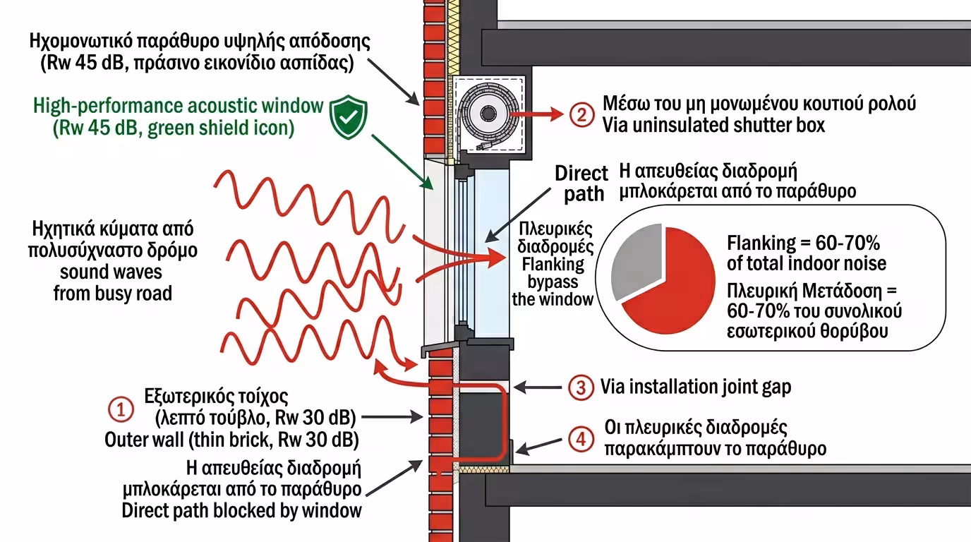 Διαδρομές πλευρικής μετάδοσης ήχου σε κτίριο - τοίχος, δάπεδο, οροφή