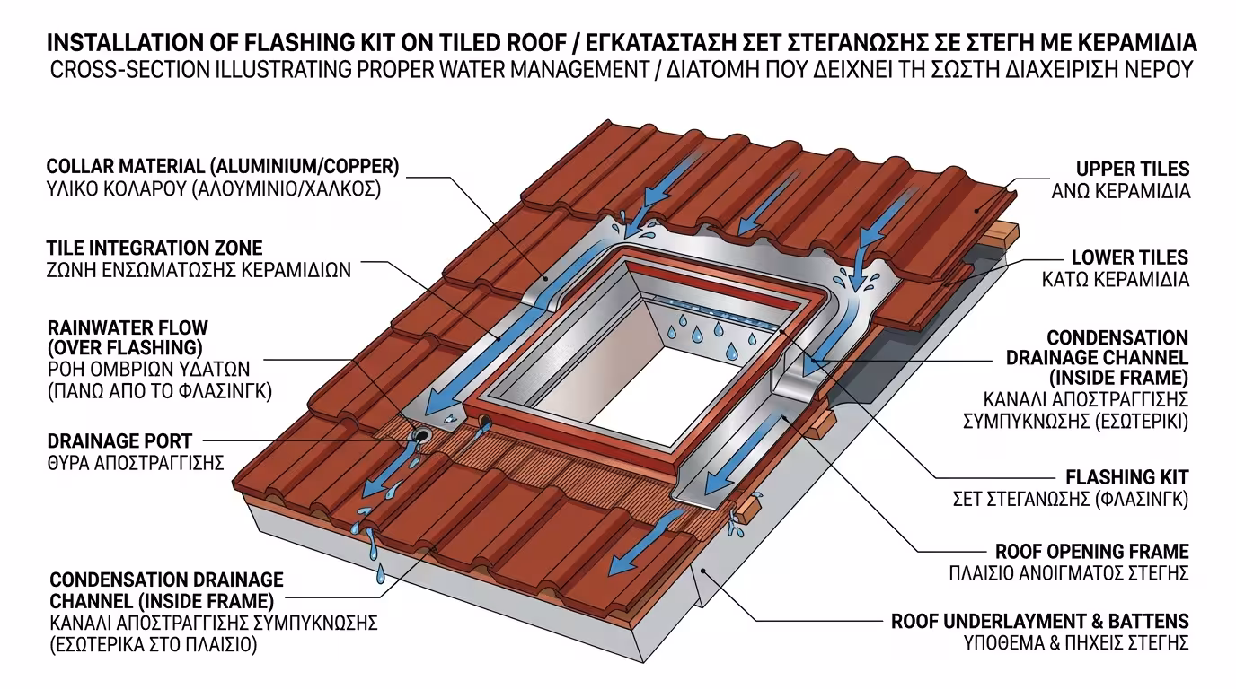 Flashing Kit - στεγανωτικό κολάρο παραθύρου στέγης, ενσωμάτωση σε κεραμίδια