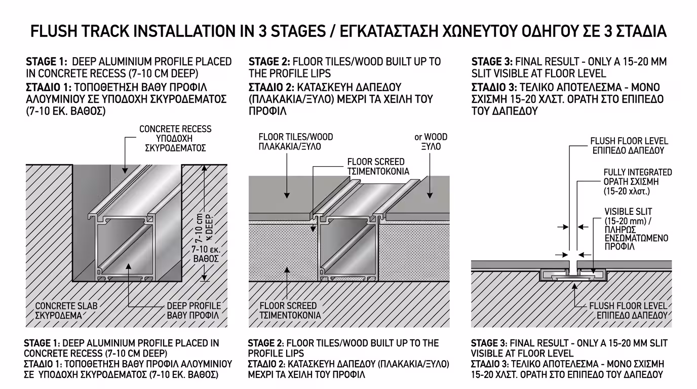 Εγκατάσταση flush track - βαθύ προφίλ σε σκυρόδεμα, σχισμή 15-20mm