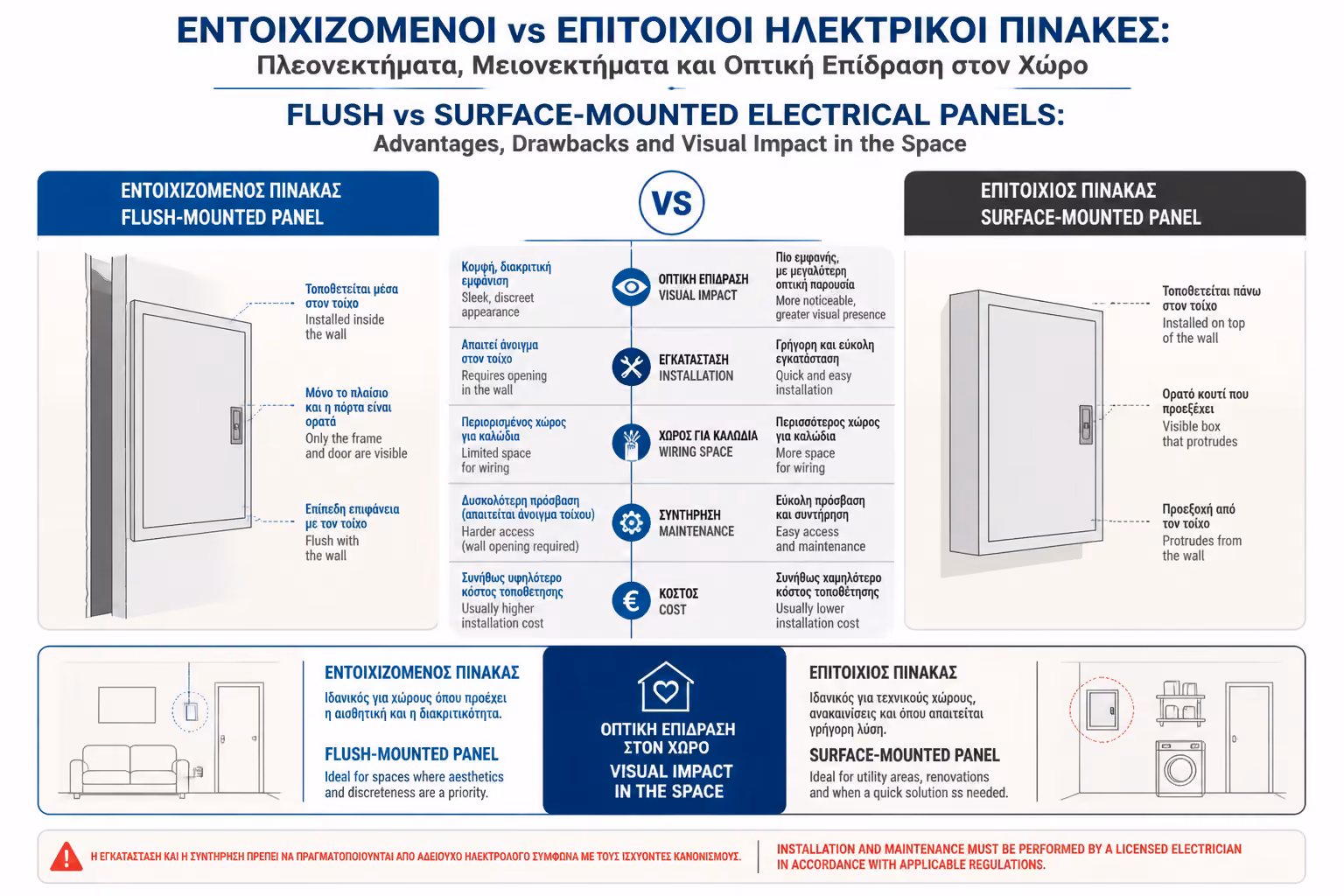Σύγκριση χωνευτού και επίτοιχου ηλεκτρικού πίνακα σε κατοικία