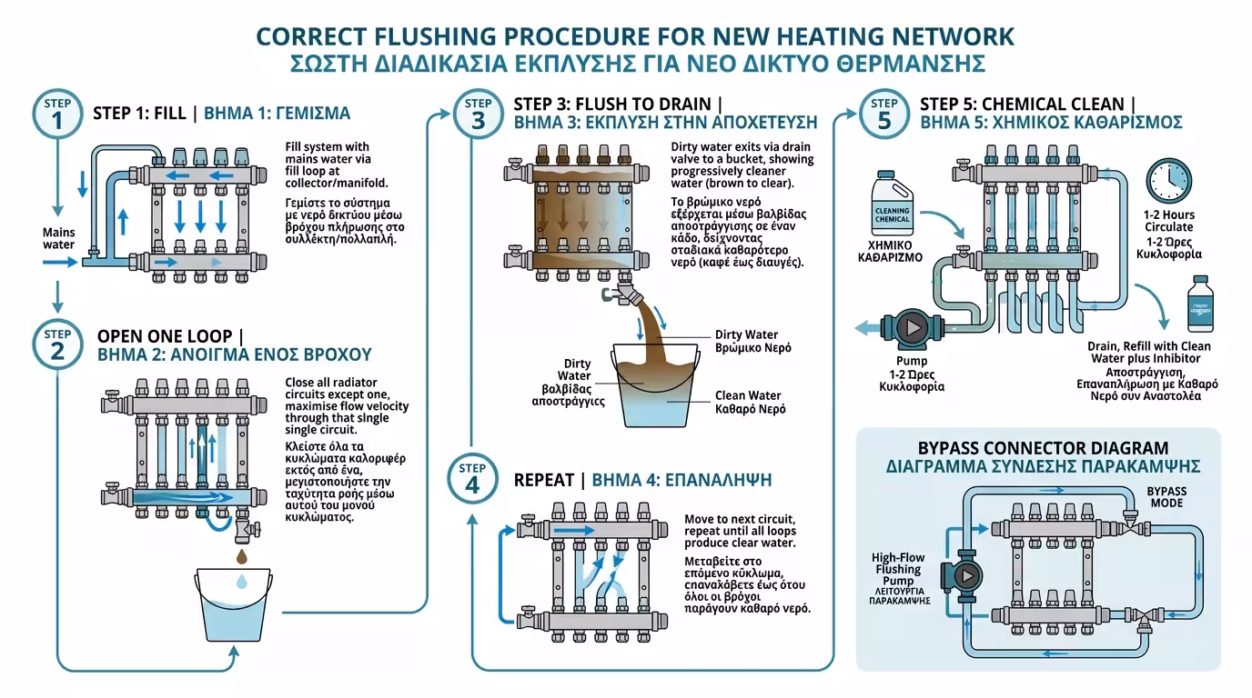 Flushing δικτύου – bypass, ξέπλυμα ανά κύκλωμα, κολλεκτέρ, αποχέτευση