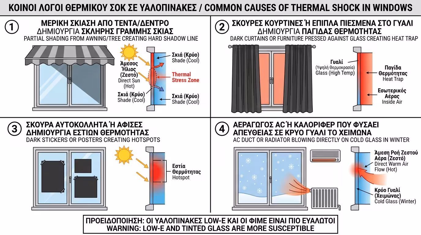 Αιτίες θερμικού σοκ σε τζάμια - τέντα, κουρτίνα, αυτοκόλλητα, κλιματισμός