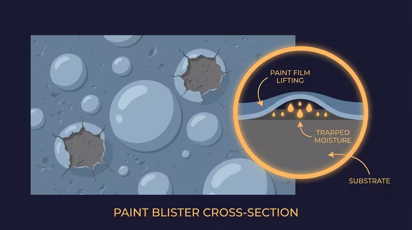 Φουσκάλες βαφής σε πρόσοψη - οι κυψέλες αποκαλύπτουν σοβά κάτω από το σπασμένο φιλμ