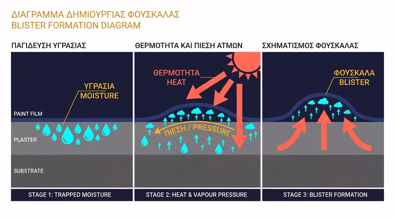 Τρία στάδια σχηματισμού φουσκάλας: υγρασία → θερμότητα → πίεση → ανύψωση φιλμ