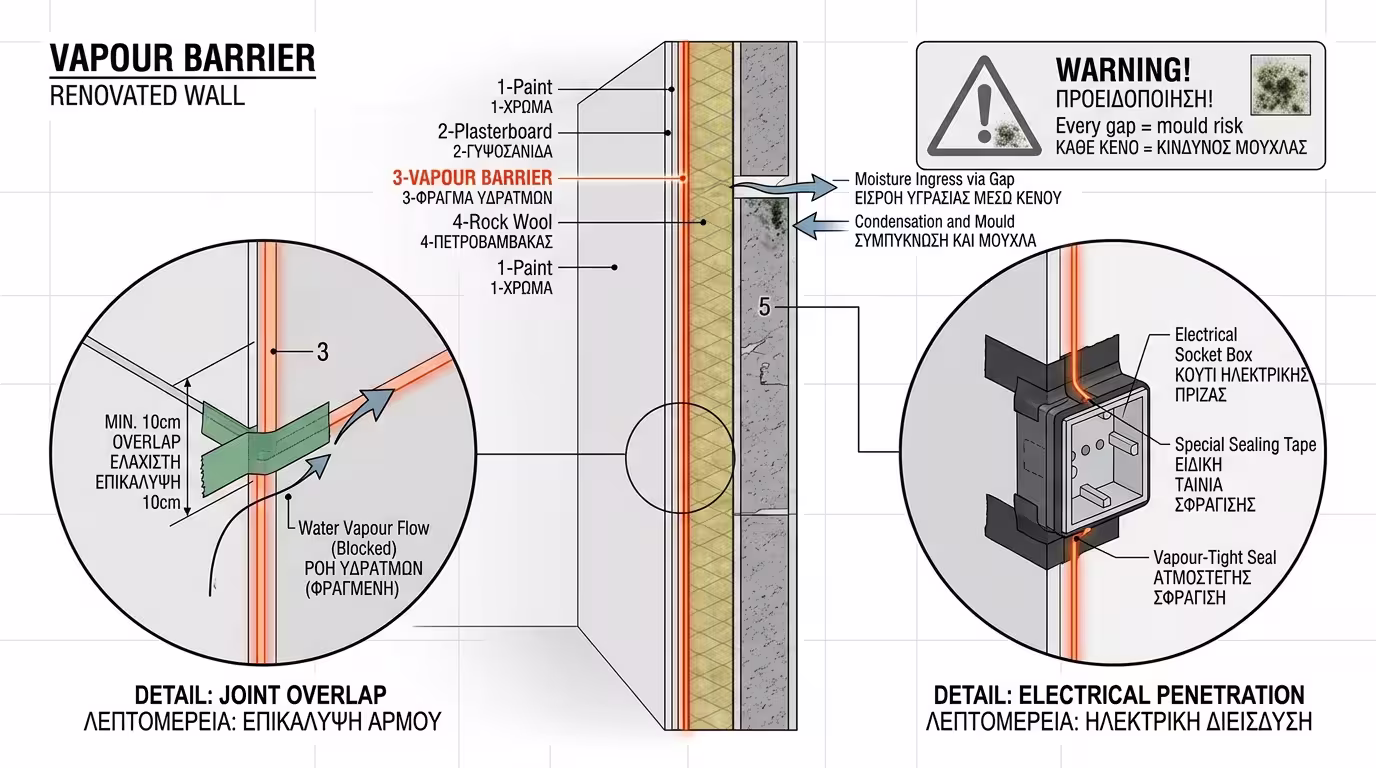 Τοποθέτηση φράγματος υδρατμών στη ζεστή πλευρά