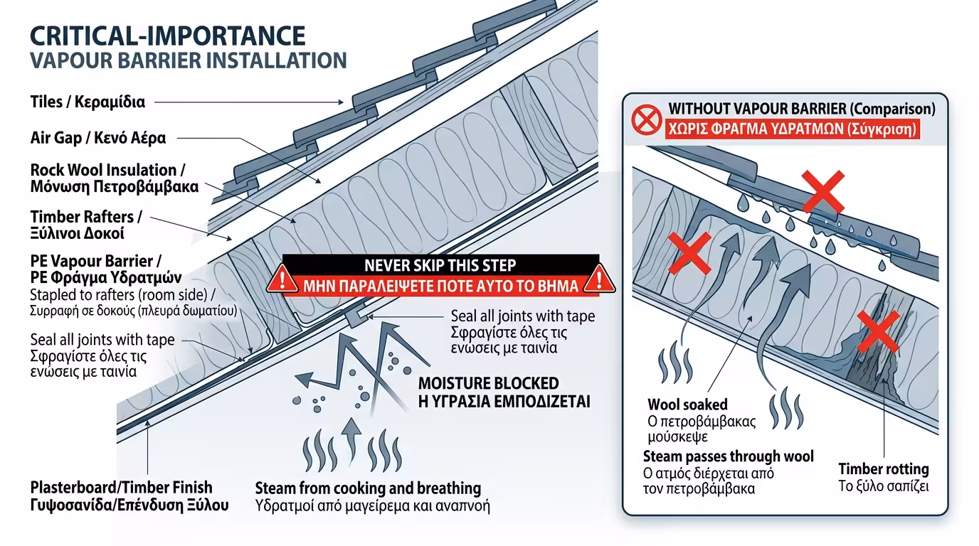 3 στρώσεις: πετροβάμβακας + νάιλον φράγμα υδρατμών + γυψοσανίδα