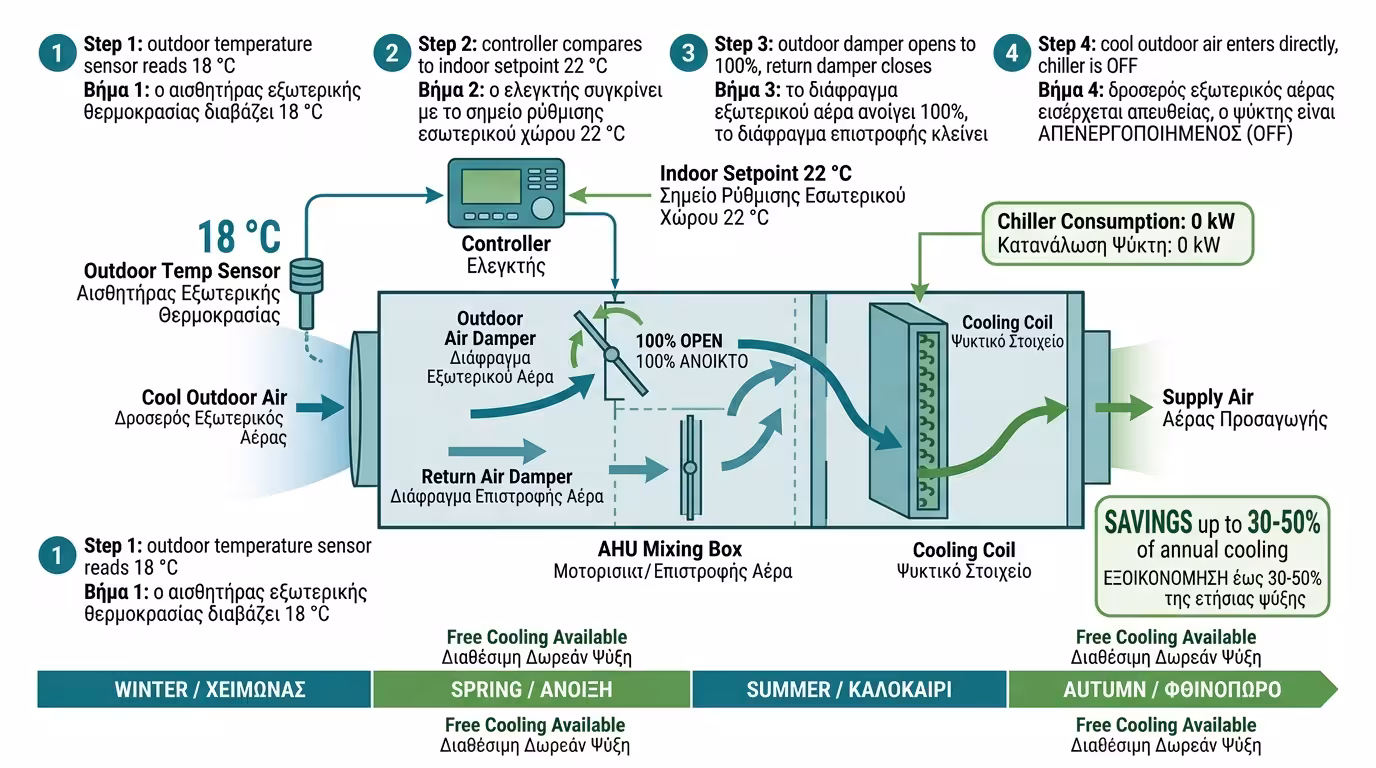 Free cooling economizer - δωρεάν δροσισμός άνοιξη 18 °C, ΚΚΜ χωρίς chiller