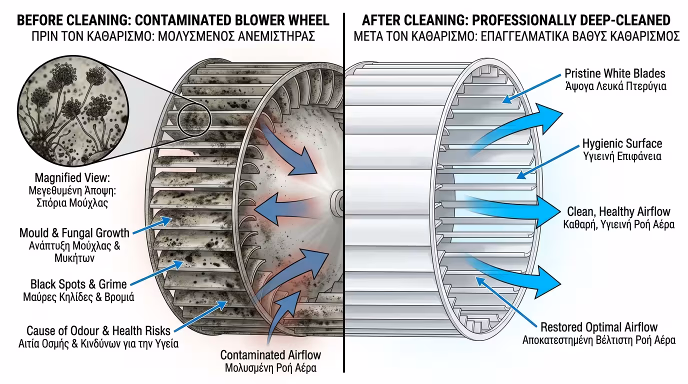 Φτερωτή blower AC με μαύρη μούχλα – βαθύς καθαρισμός, πιεστικό