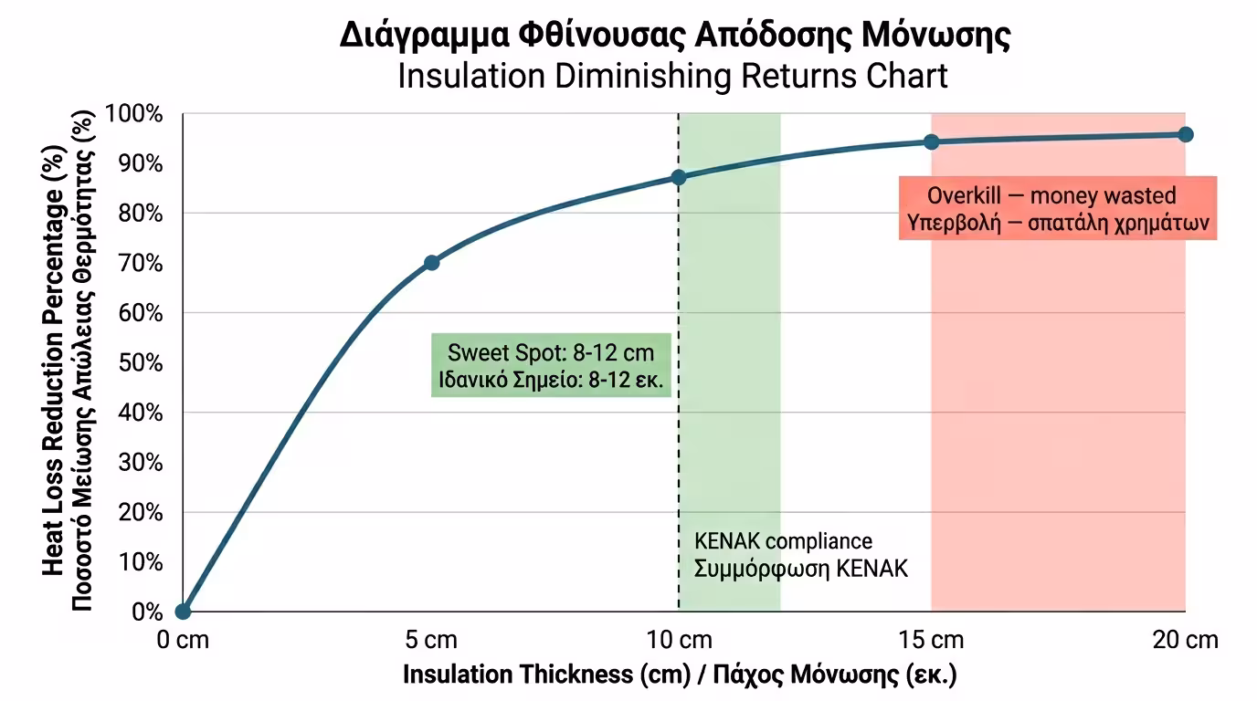 Γραφήμα φθίνουσας απόδοσης - κέρδη ανά πάχος μόνωσης