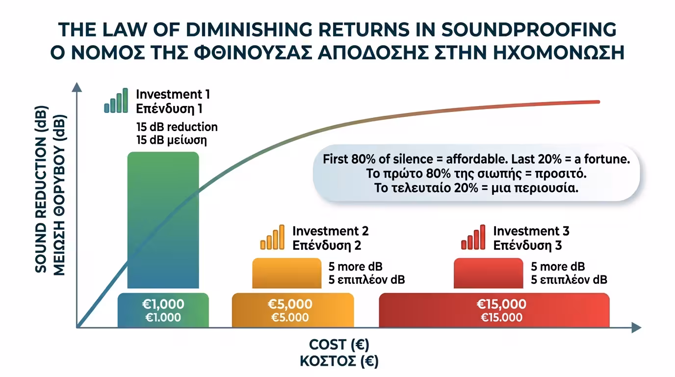Γράφημα: 1.000€ = 15 dB, 5.000€ = 5 dB ακόμη, 15.000€ = 5 dB ακόμη - εκθετική αύξηση κόστους