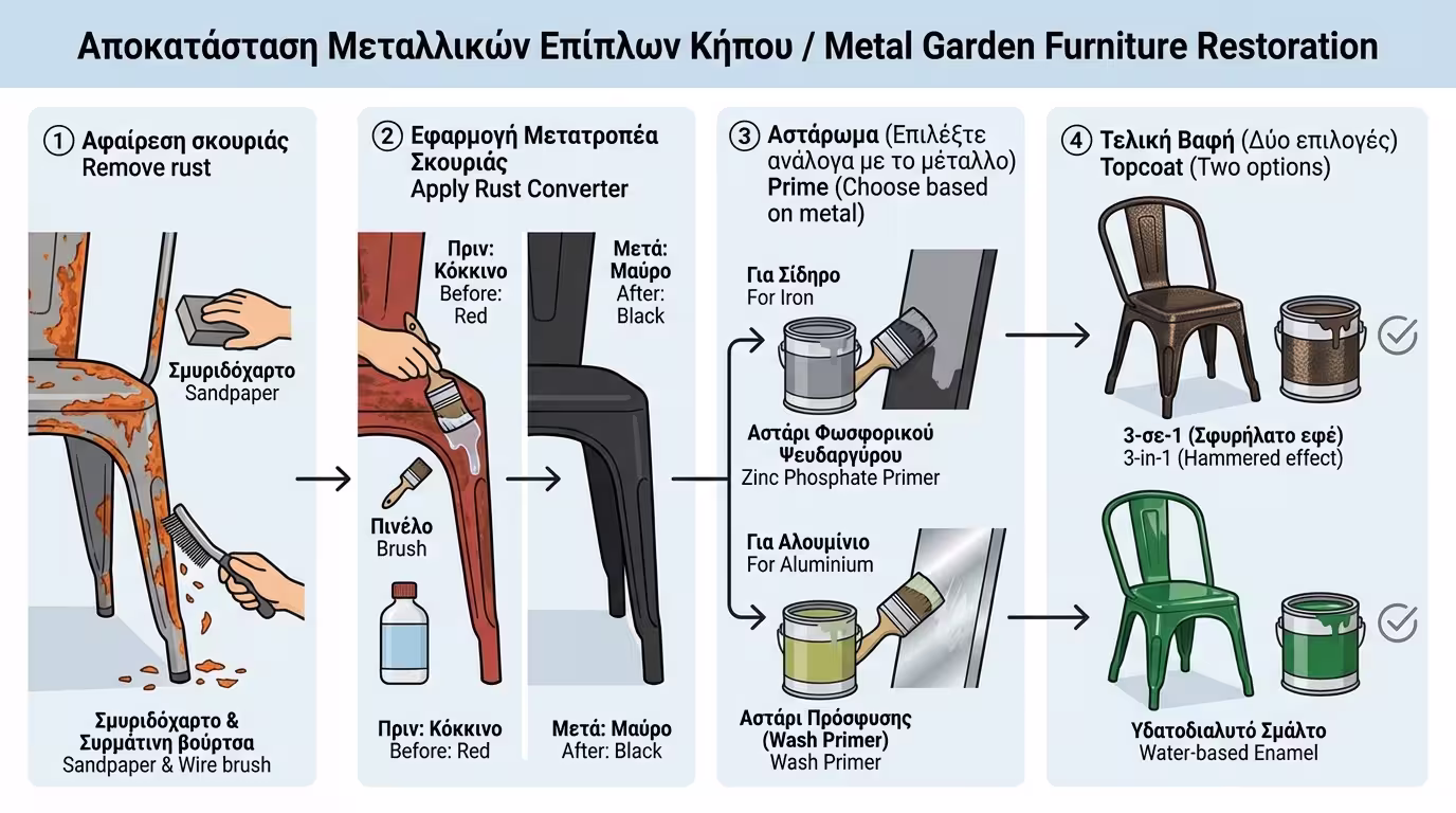 Ινφογκράφικ: 4 βήματα αναπαλαίωσης - αφαίρεση σκουριάς, μετατροπέας σκουριάς, αστάρι, τελικό χρώμα.