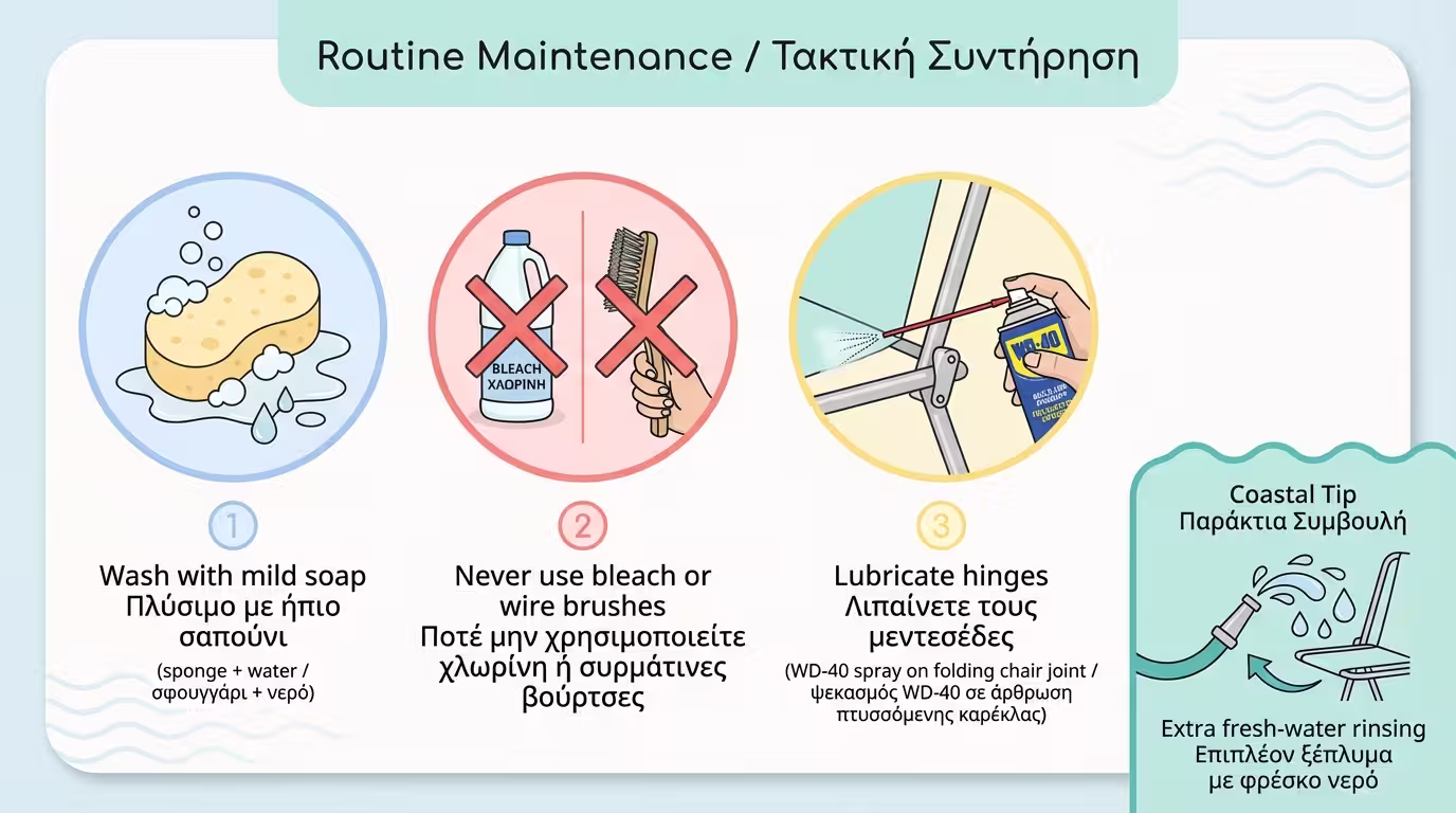 Ινφογκράφικ: Ρουτίνα συντήρησης - πλύσιμο με ήπιο σαπούνι, αποφυγή χλωρίνης, λίπανση μεντεσέδων.