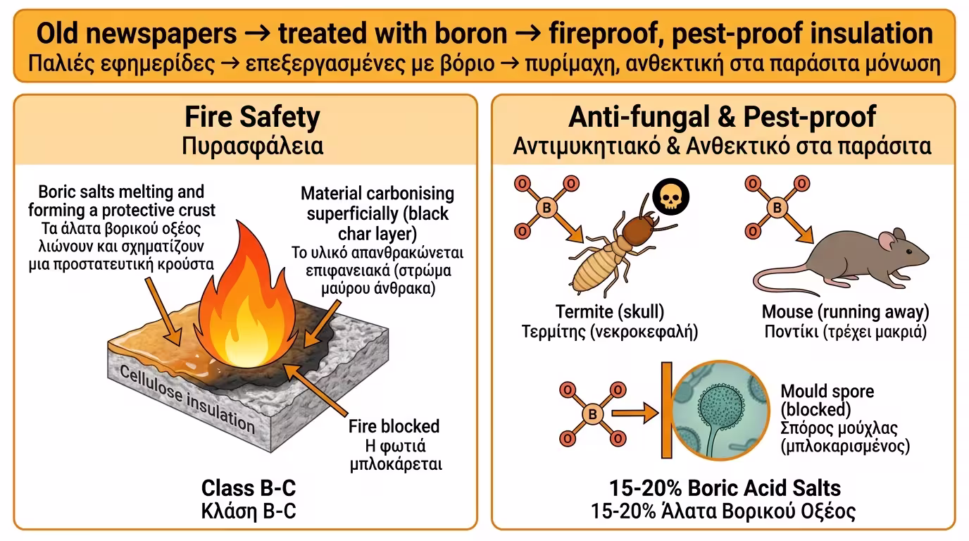 Κυτταρίνη - άλατα βορίου, ανθρακοποίηση, πυρασφάλεια