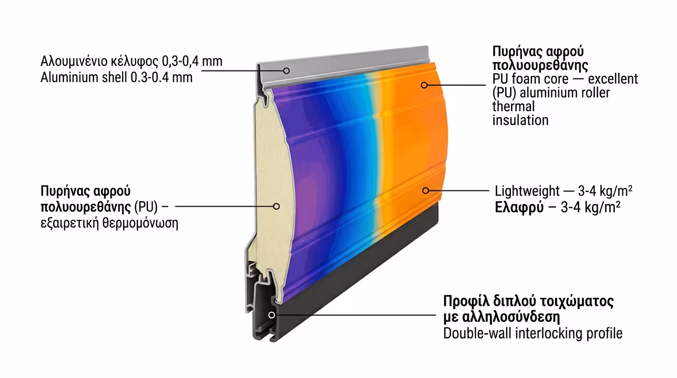 Φυλλαράκι πολυουρεθάνης - αφρός πολυουρεθάνης μέσα σε κέλυφος αλουμινίου