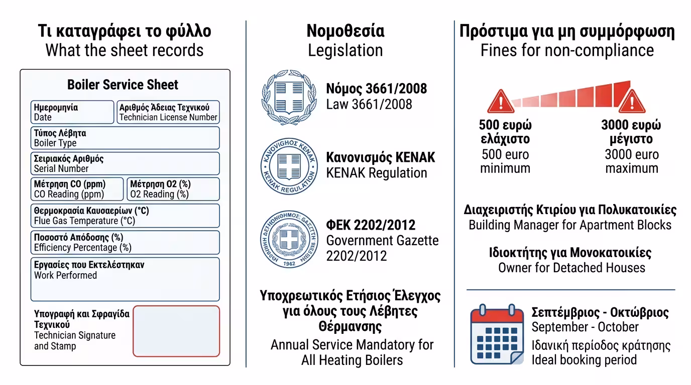 Φύλλο συντήρησης λέβητα – νομοθεσία, πρόστιμα, υποχρεωτικά έγγραφα