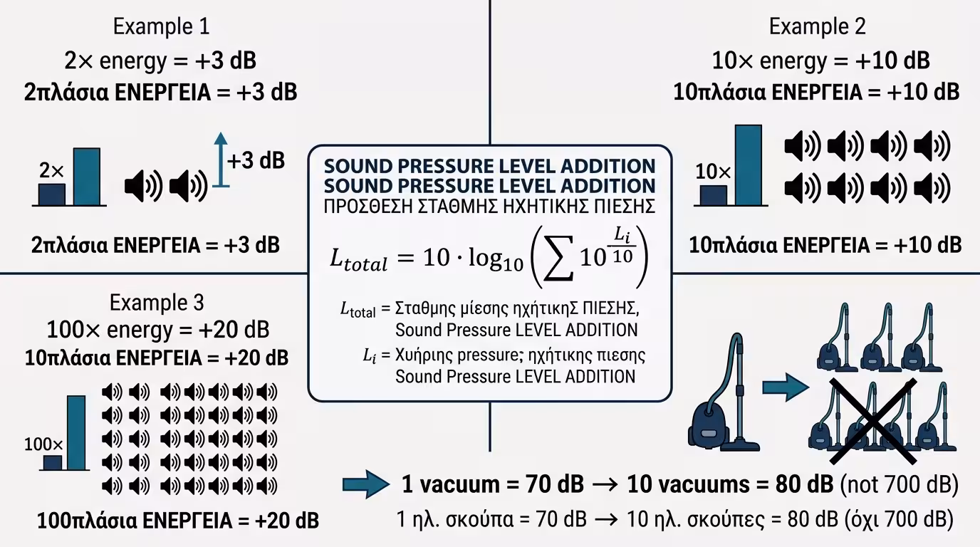 Λογαριθμική κλίμακα - τύπος πρόσθεσης ηχητικής πίεσης σε dB
