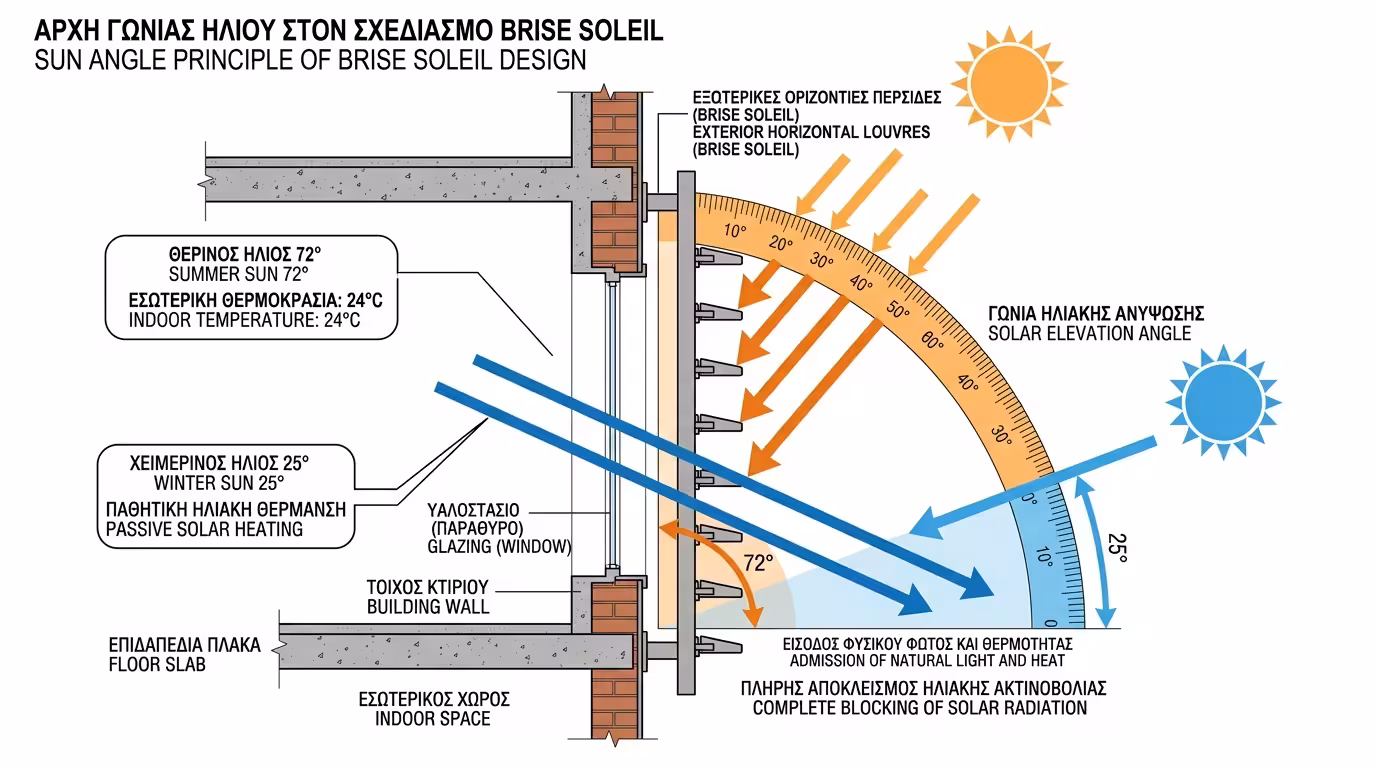 Γωνία ηλιακής ακτινοβολίας - καλοκαίρι ψηλά vs χειμώνα χαμηλά μέσα από περσίδες Brise Soleil