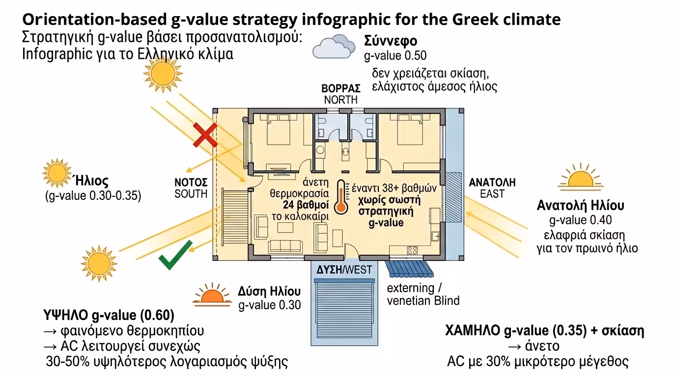 G-Value ηλιακό κέρδος - καλοκαίρι θερμοκήπιο τέντες