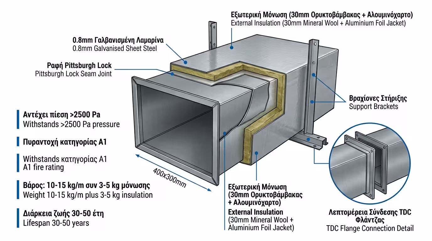 Γαλβανιζέ αεραγωγός - κατασκευή πλεονεκτήματα μεταλλικός