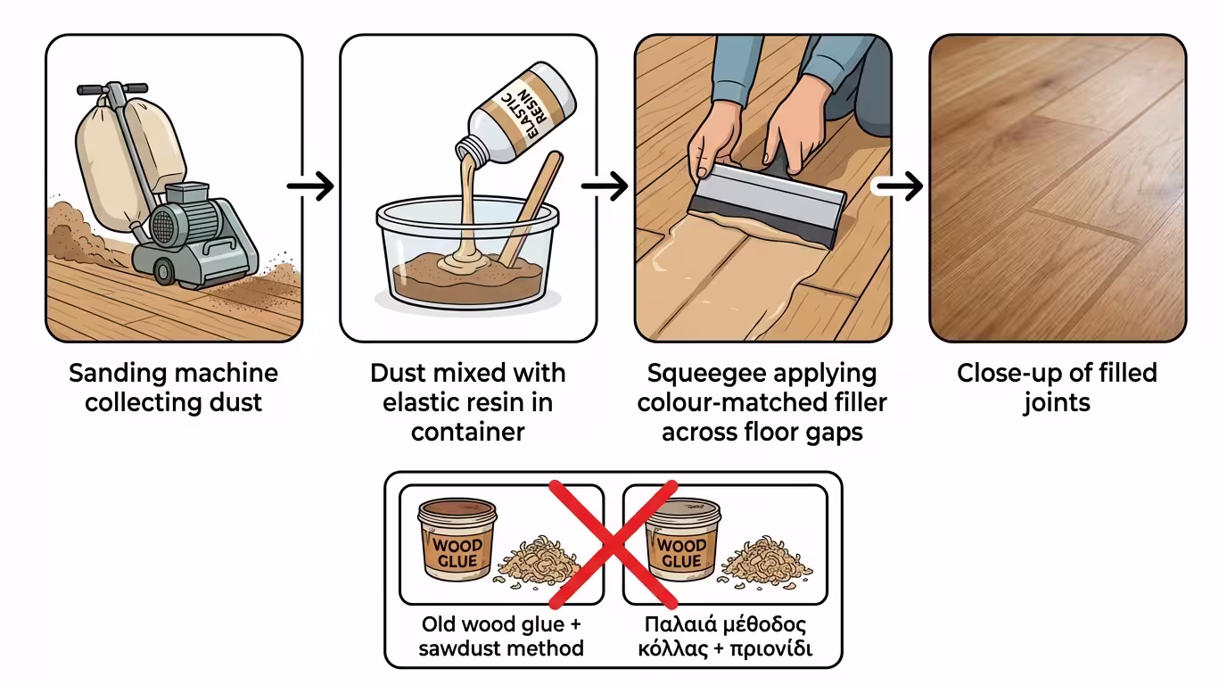 Ινφογκράφικ: ελαστική ρητίνη + πριονίδι 80-100 grit του ίδιου ξύλου → στόκος ίδιου χρώματος → σπάτουλα σε όλη την επιφάνεια (ελληνικά και αγγλικά)