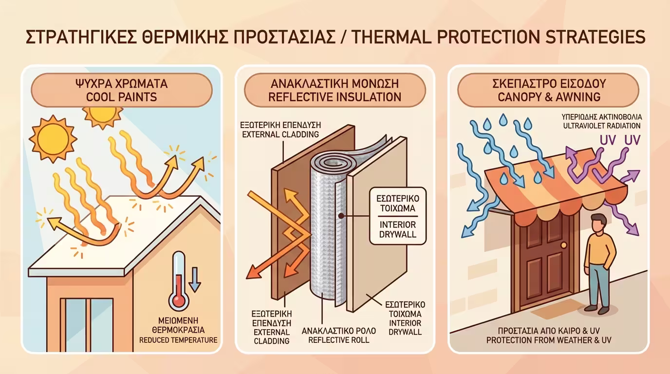 Ινφογκράφικ: Θερμομονωτικά χρώματα (Cool Paints), ανακλαστική μόνωση εσωτερικά, στέγαστρο πάνω από πόρτα.