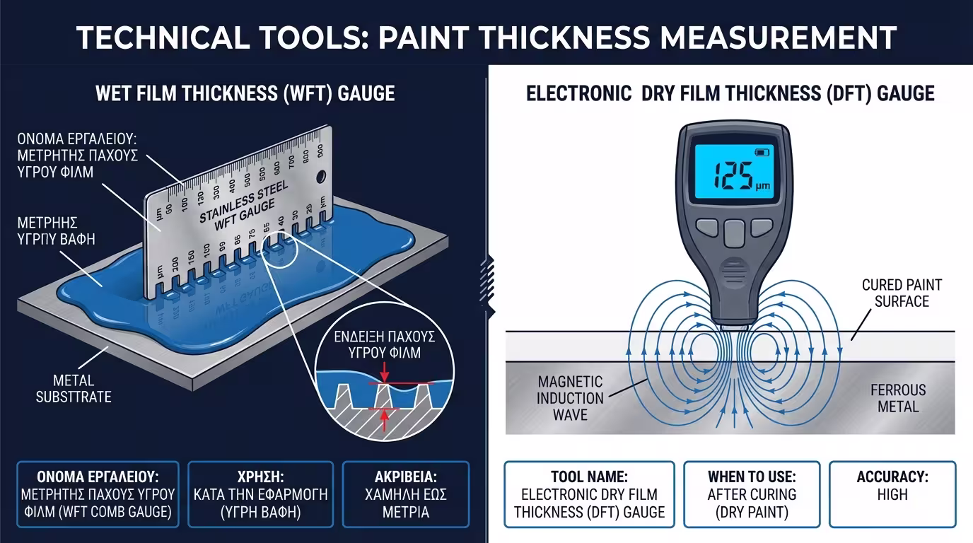 Χρήση ηλεκτρονικού παχύμετρου για τη μέτρηση DFT σε σιδηρούχα υποστρώματα.