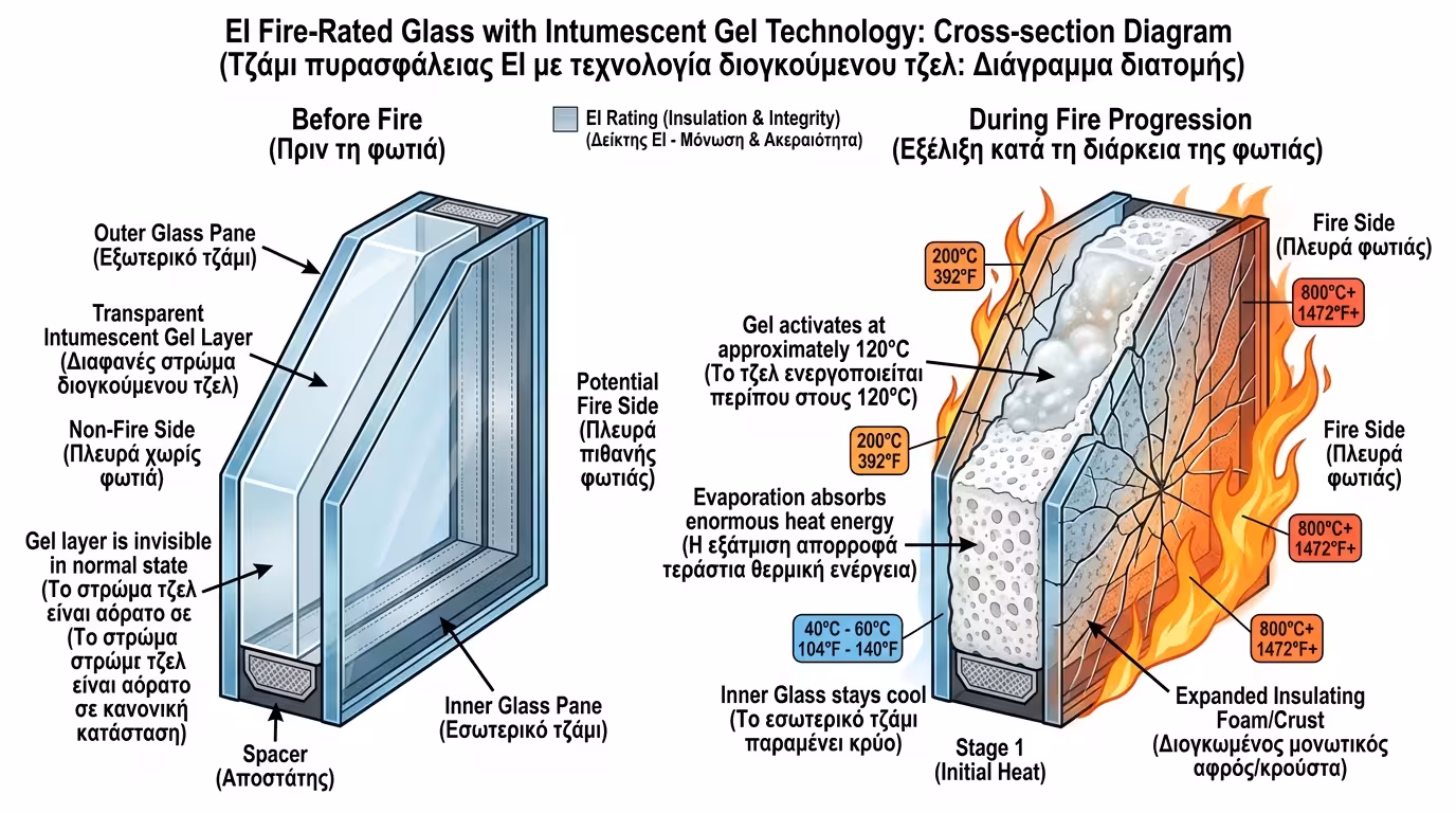 Πυράντοχο gel σε υαλοπίνακα EI - αδιαφανές θερμικό φράγμα κατά τη φωτιά