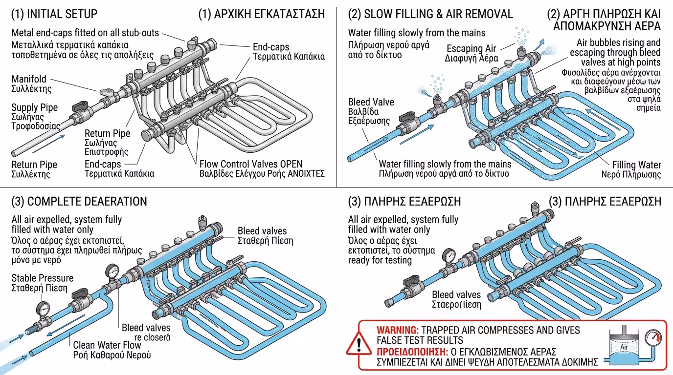 Γέμισμα δικτύου με νερό - εξαέρωση σωληνώσεων, βάνες ανοιχτές, σχολαστική διαδικασία