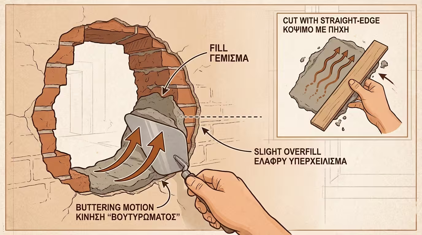 Λάσπωμα τρύπας με μυστρί και αλφάδιασμα με πήχη