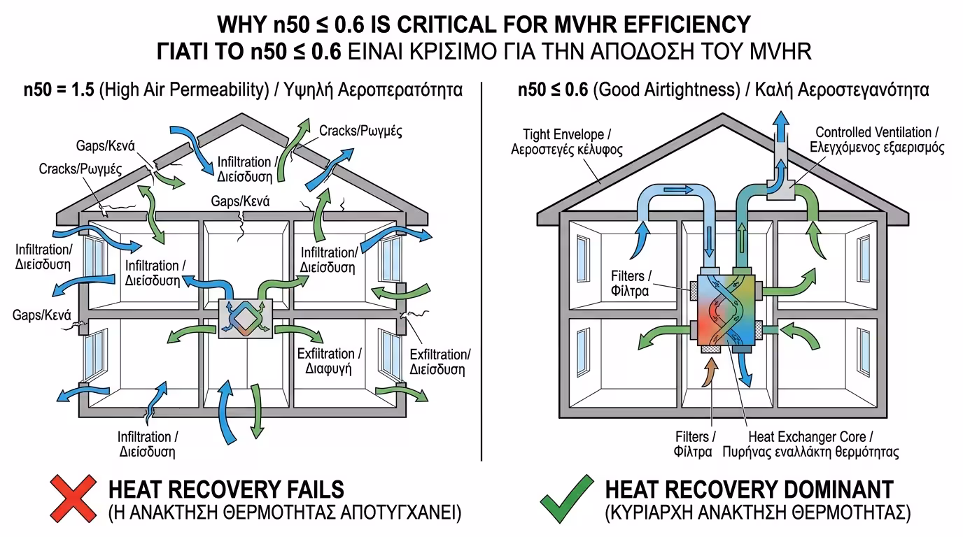 MVHR δουλεύει μόνο σε n50 ≤ 0.6 - αέρας επιλέγει χαραμάδες αν n50 > 1.5