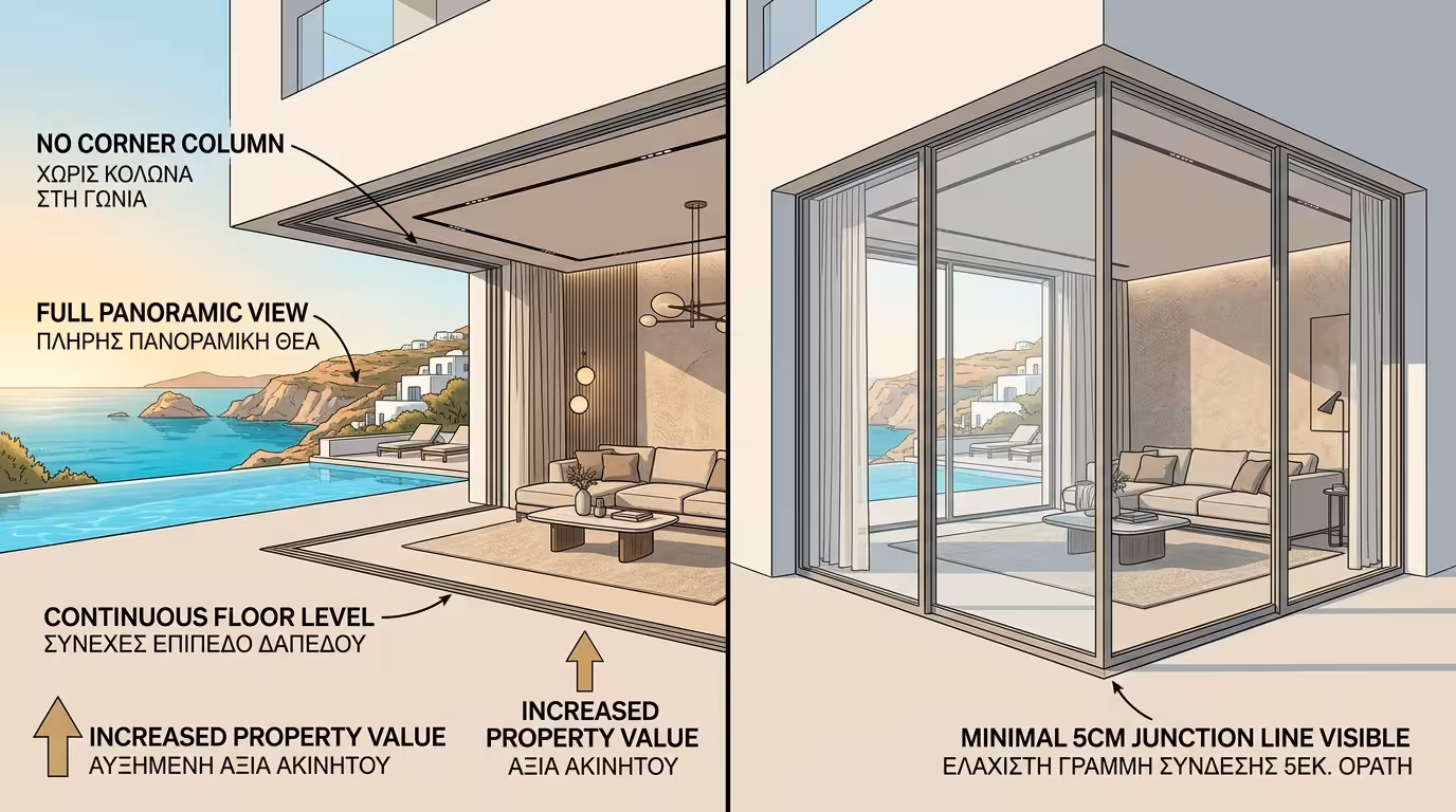 Premium κατοικία με γωνιακά sliding - ενοποίηση σαλονιού με πισίνα, μεσογειακή οπτική