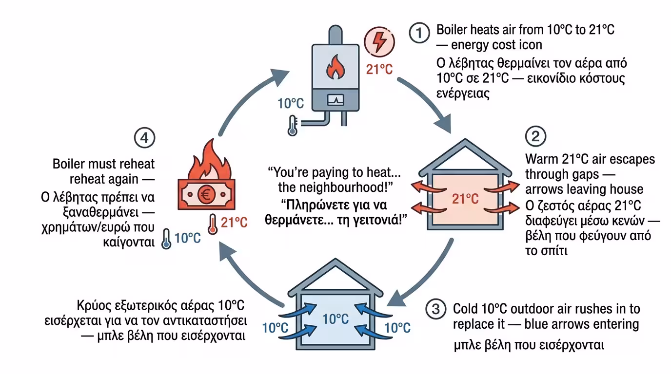 Ο λέβητας ζεσταίνει αέρα που δραπετεύει - πληρώνετε τη γειτονιά