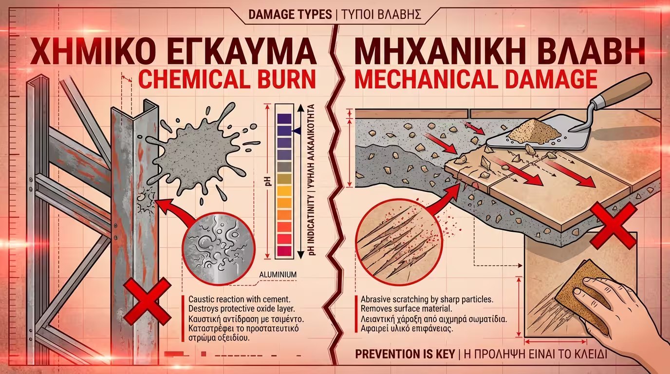 Χημικό κάψιμο από τσιμέντο σε αλουμίνιο και γρατζουνιές σε πλακάκι