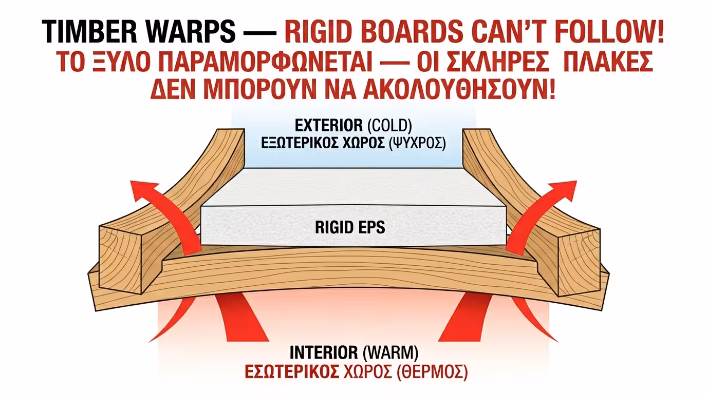 Σκληρή πλάκα EPS ανάμεσα σε στραβά ξύλα - κενά αέρα παντού