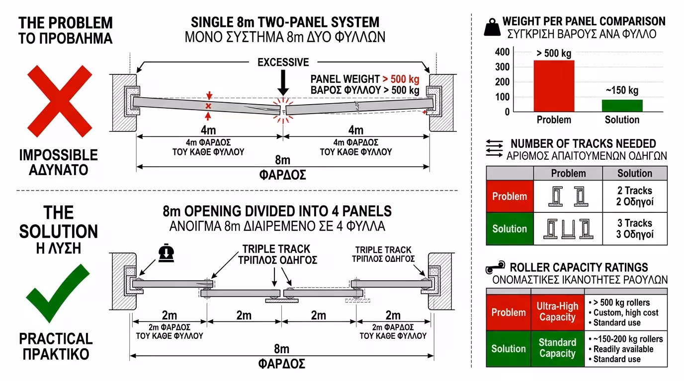 Μεγάλο άνοιγμα 8+ μέτρων - τριπλός/τετραπλός οδηγός χωνευτός στο πάτωμα