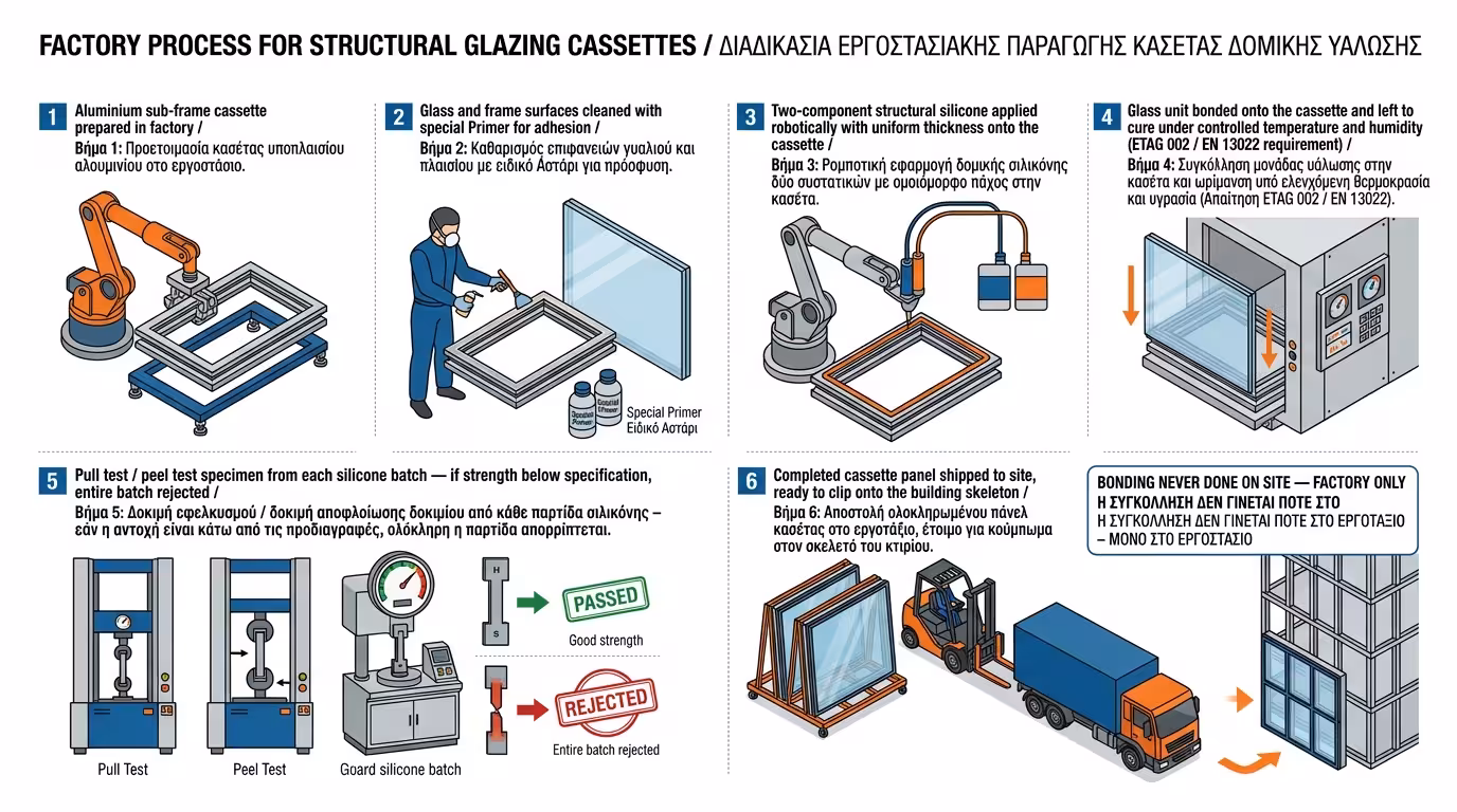 Τελικό αποτέλεσμα structural glazing - σύγχρονη γυάλινη πρόσοψη κτιρίου
