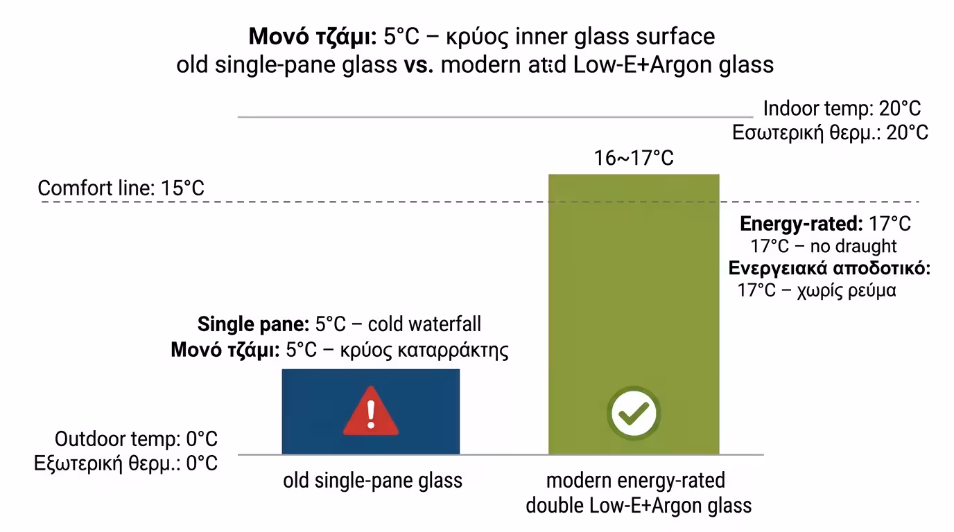 Σύγκριση θερμοκρασίας εσωτερικής επιφάνειας: μονό 5°C vs ενεργειακό 17°C