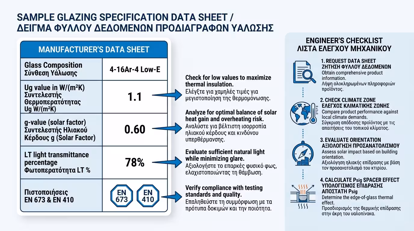 Φύλλο προδιαγραφών υαλοπίνακα - Ug, g-value, πιστοποίηση EN 673
