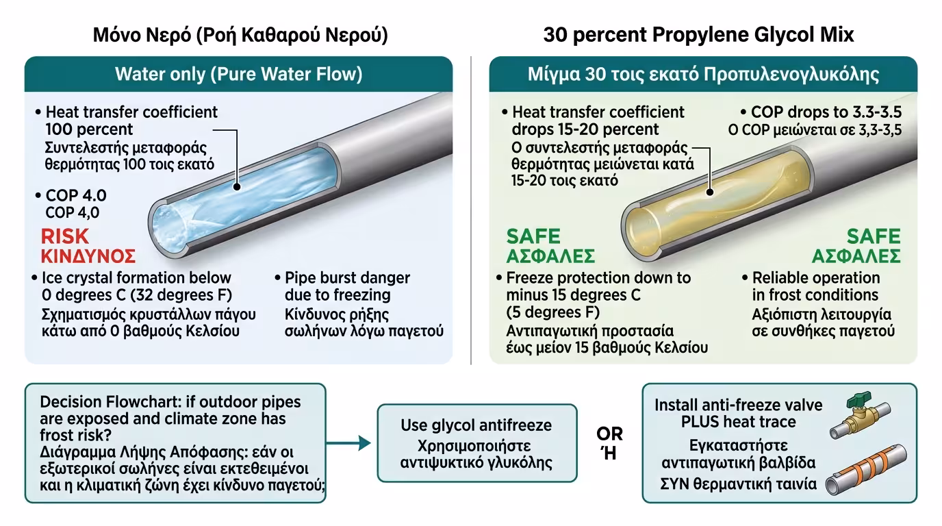 Γλυκόλη αντιψυκτικό σε κύκλωμα θέρμανσης – COP, μείωση απόδοσης 3-5%