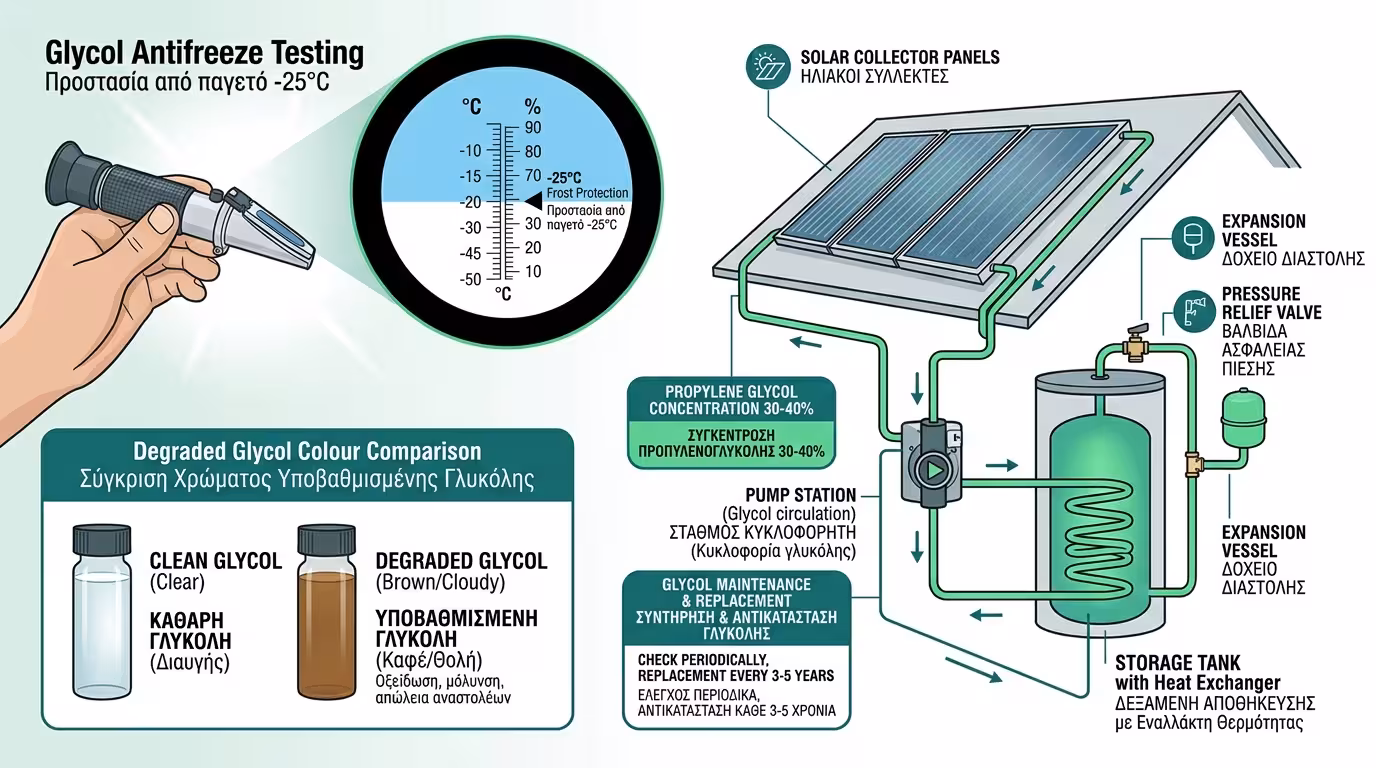 Γλυκόλη αντιψυκτικό – διαθλασίμετρο, ηλιακός θερμοσίφωνας, παγετός