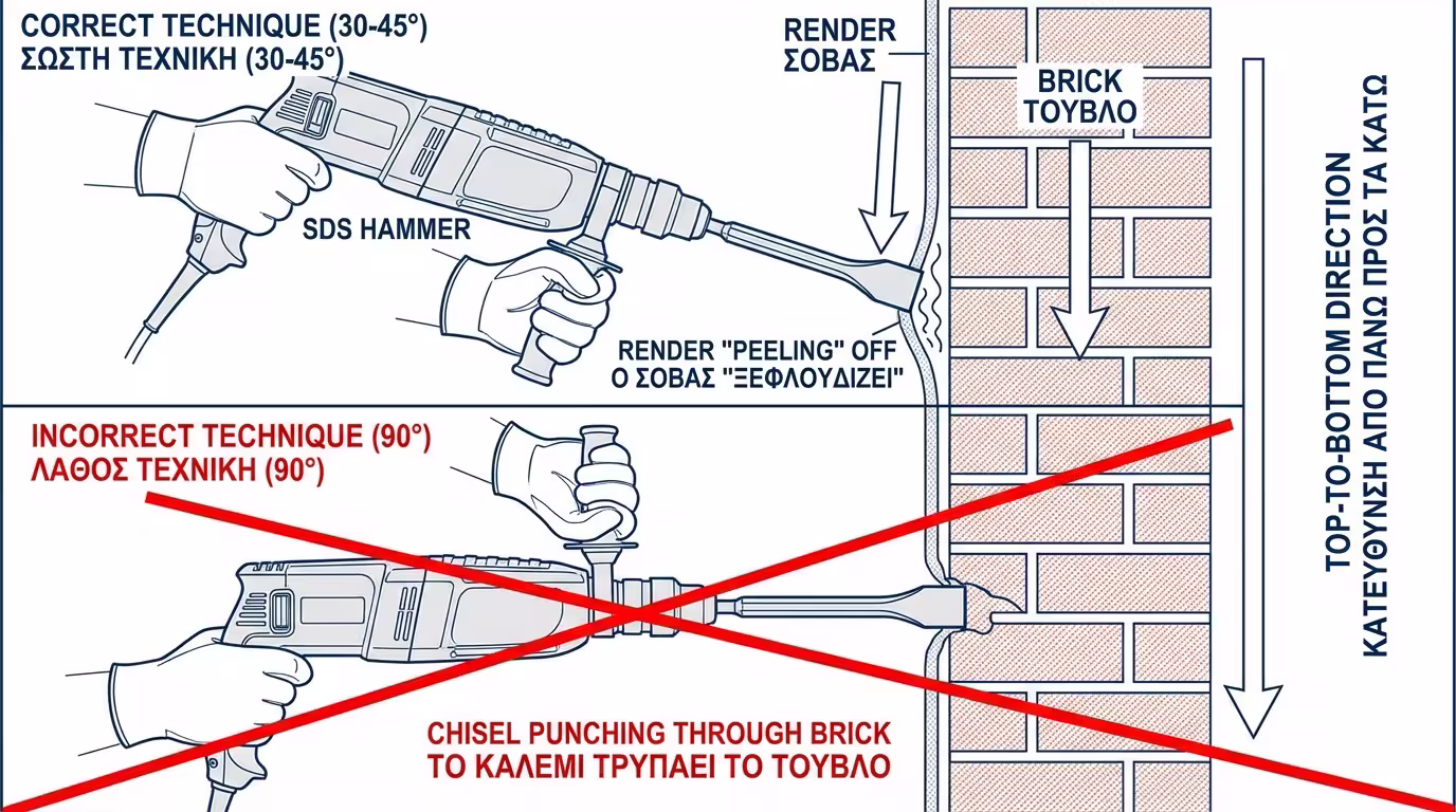 Πιστολέτο σε γωνία 30-45° - «ξεφλουδίζει» τον σοβά μεταξύ τούβλου