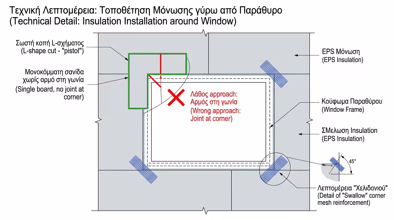 Σωστή κοπή πλακών σε γωνίες παραθύρων - σχήμα Γ